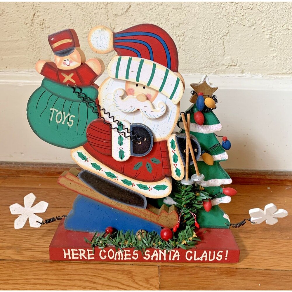Vtg Christmas 3D Shelf Sitter Santa Gift Bag Tree Rustic Country Farmhouse 10”
